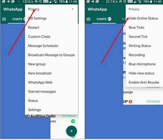 WhatsApp'ta Çevrimiçi Durumu Gizle