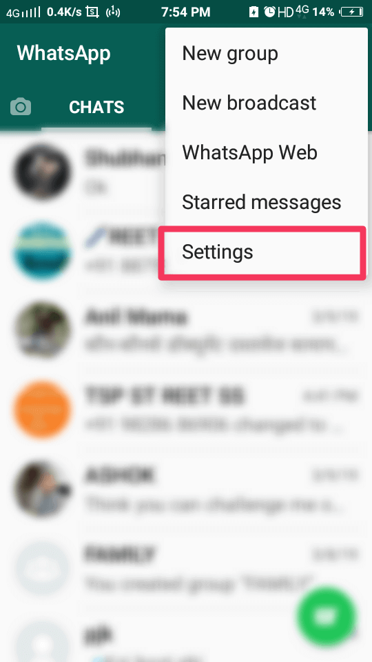 configurações de WhatsApp