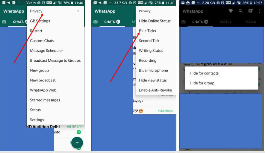 How to Use Hide Online Status, Second Tick, Blue Tick With GBWhatsapp apk